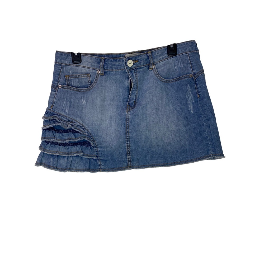 Vintage Y2K BCBGeneration Blue Denim Mini Skirt Ruffle Distressed Raw Hem Sz 31